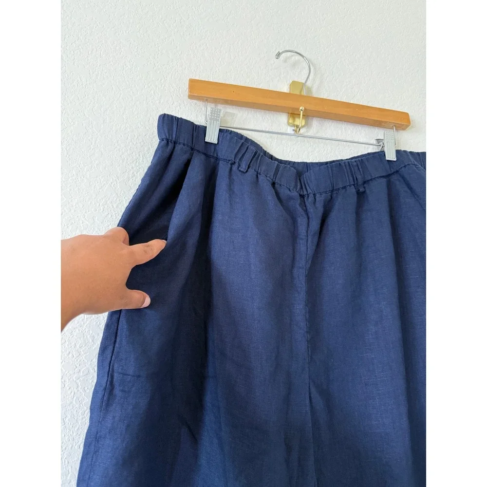 Quince Women's Blue 100% European Linen Wide Leg High Rise Pants XL Minimalist